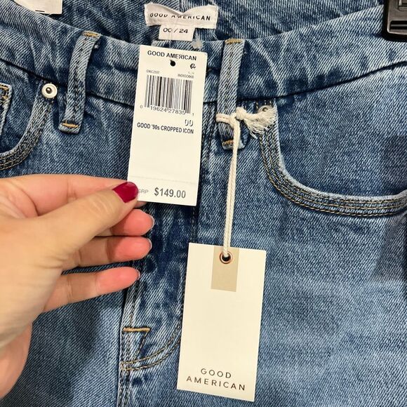 Good '90s Icon Distressed High Waist Crop Straight Leg Jeans Size 24 - Picture 5 of 12